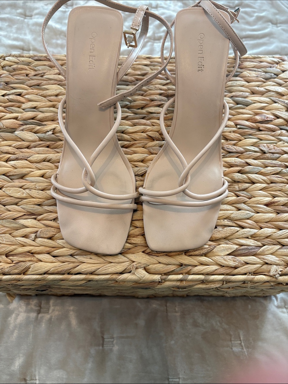 Open Edit Nude Strappy Square-Toe Ankle Strap Heels